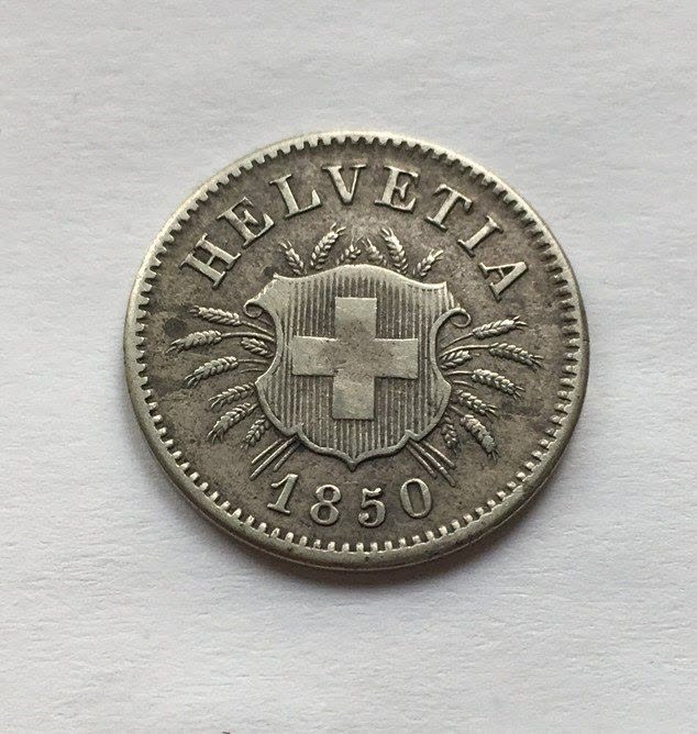 5-Rappen-Münze von 1850, Wertzahl 5 im Weinlaubkranz